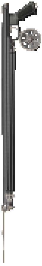 Ahab One speargun with black grip — full side view, deliberately pixelated